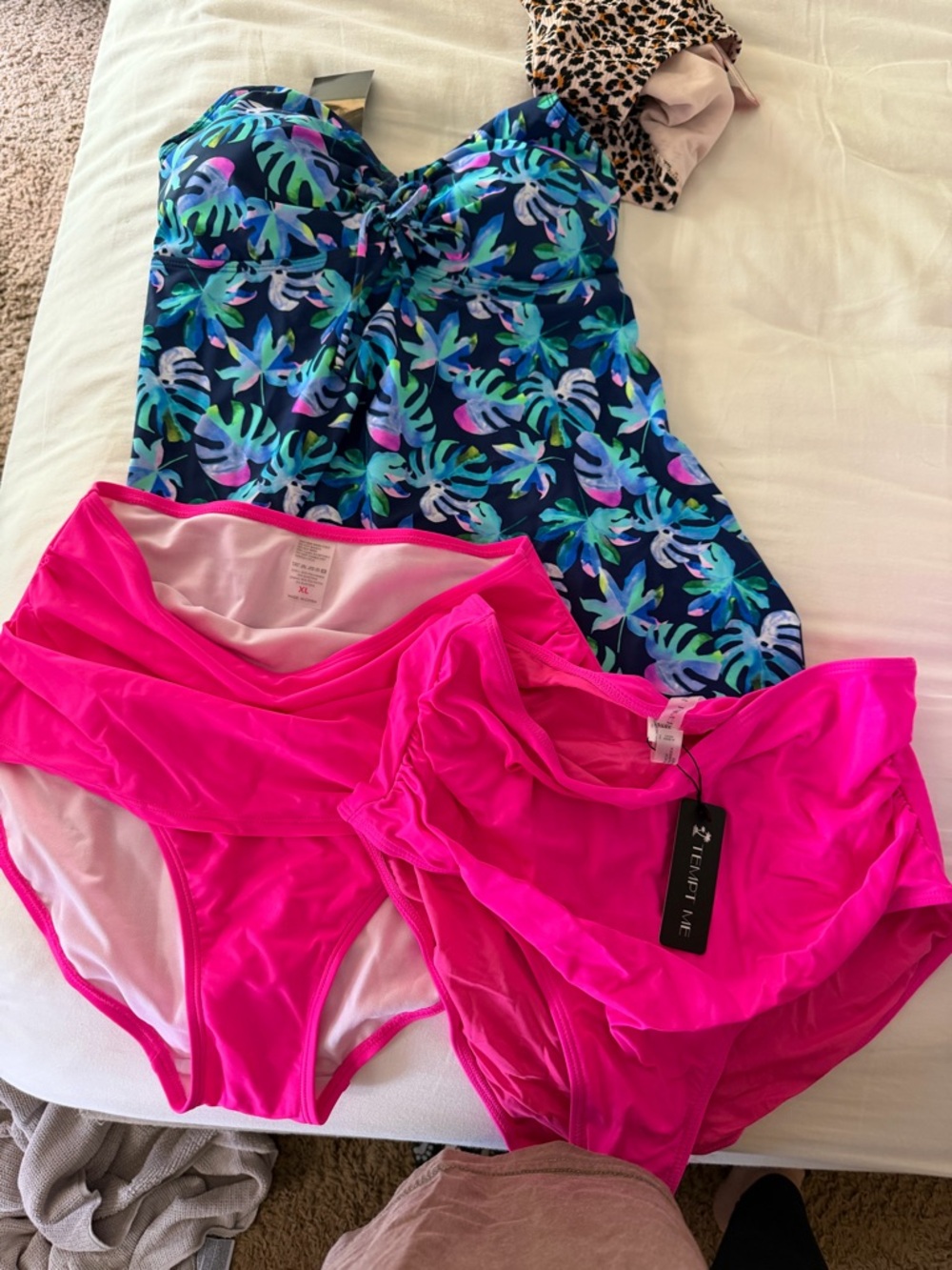 Tropical Blue Bandeau Tankini Top with Bright Pink Bikini Bottoms